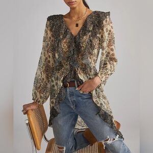 Anthropologie Sheer Floral Ruffle Tunic Blouse in Cream, Brown, Green